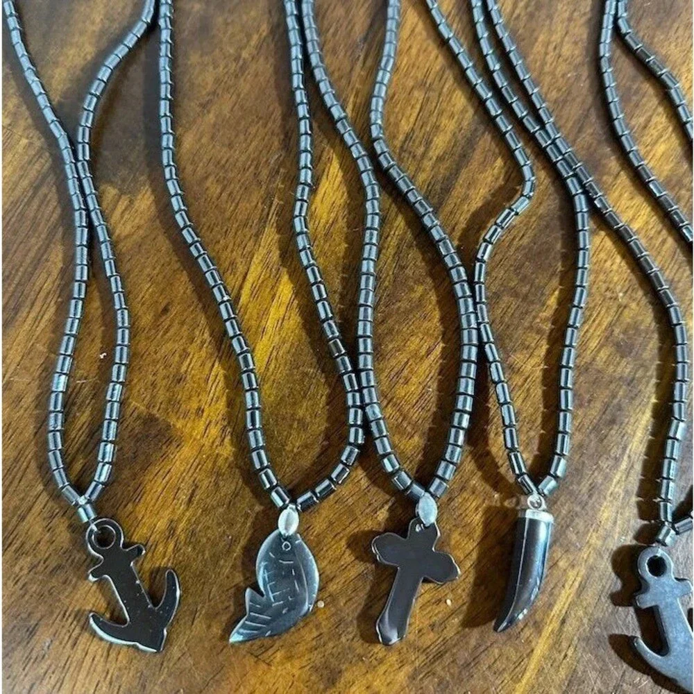 8Pc Hematite Pendant Necklace Lot Horn Cross Anchor Fish Beaded Boho
